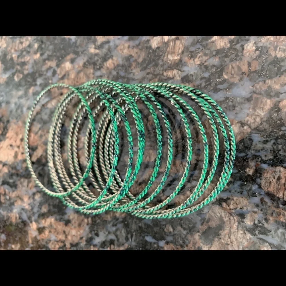 Metal Stacked Bracelets in Green and Black Pattern